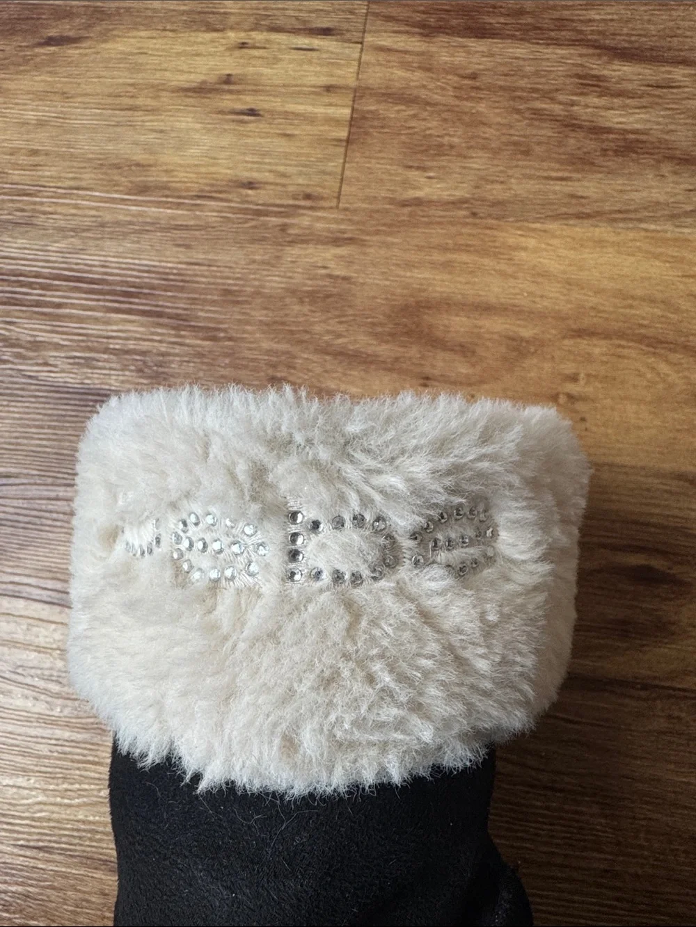 BearPaw Black Suede Winter Boots with Cream Faux-Fur Cuff